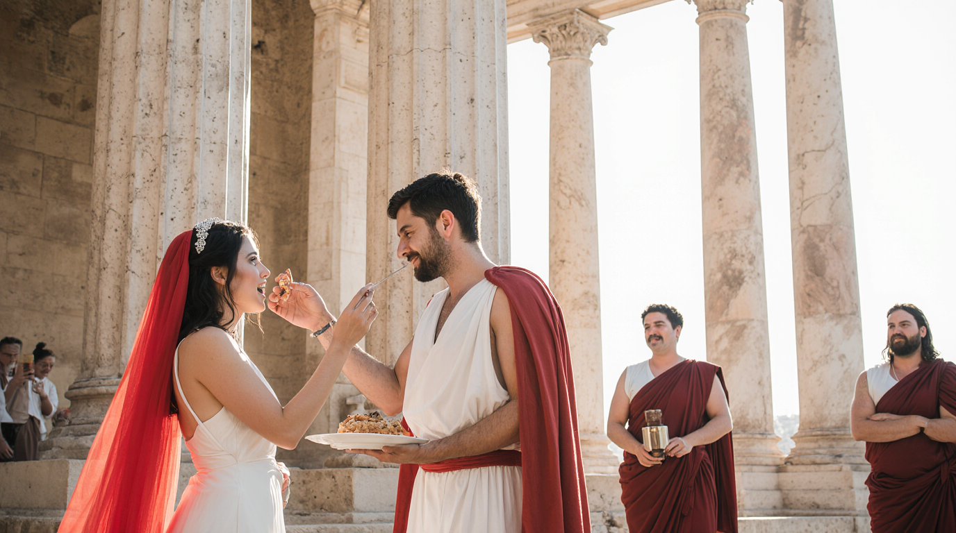 Young Italian bride in red flammeum veil and white tunic and groom in Roman toga sharing emmer-wheat panis farreus cake during outdoor confarreatio wedding ceremony near classical Roman temple ruins with columns and ten witnesses in historical dress