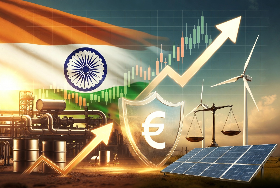 Symbolic representation of India’s economic and energy resilience: the Indian national flag waves over a blend of traditional oil infrastructure transitioning to renewable energy sources like solar panels and wind turbines, with upward economic growth arrows and a protective shield, illustrating pragmatic policy and long-term vision in navigating global crises