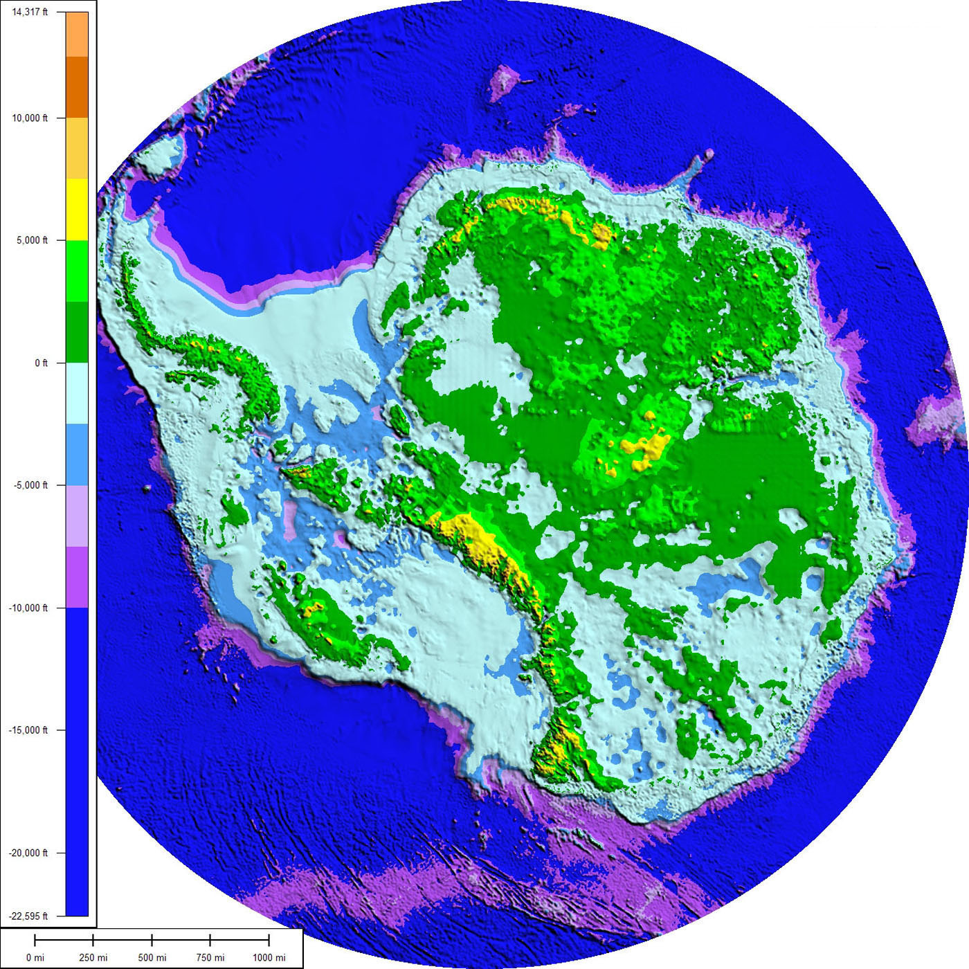 Map of Antarctica's subglacial bedrock topography showing hidden mountain ranges, deep valleys, and areas below sea level beneath the ice sheet.
