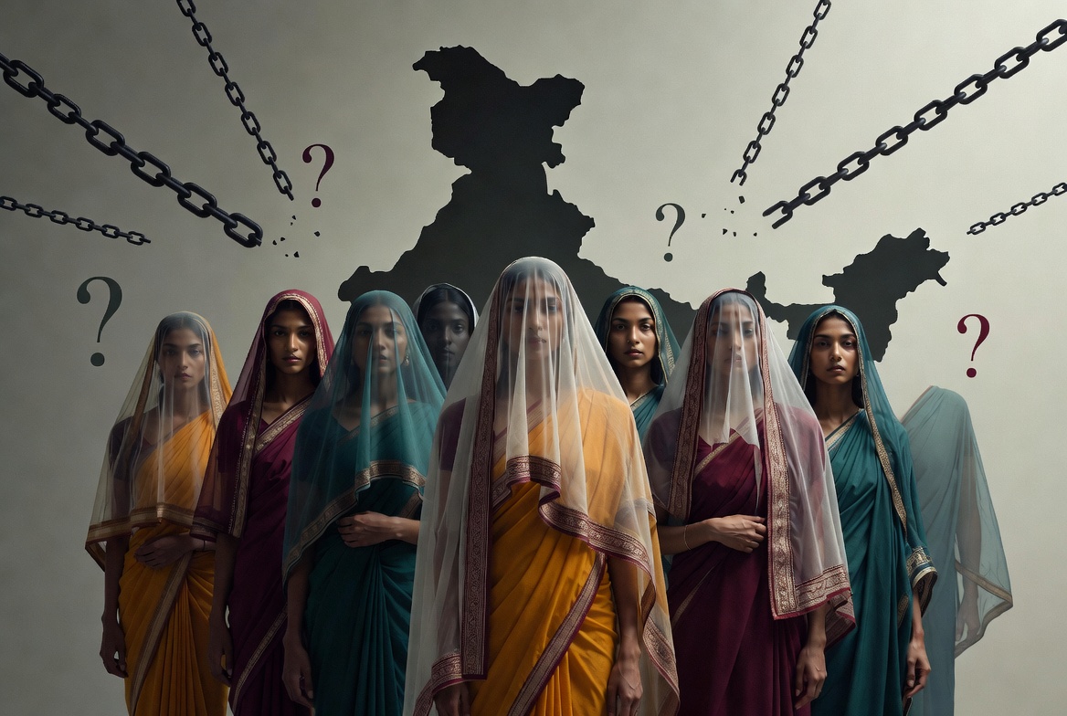 Diverse Indian women standing together with translucent veils, symbolising gender stereotypes and regional perceptions in India.