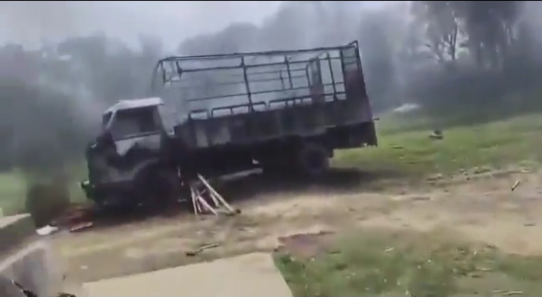 Charred remains of a truck in fresh violence Manipur's Moirang Tronglaobi village