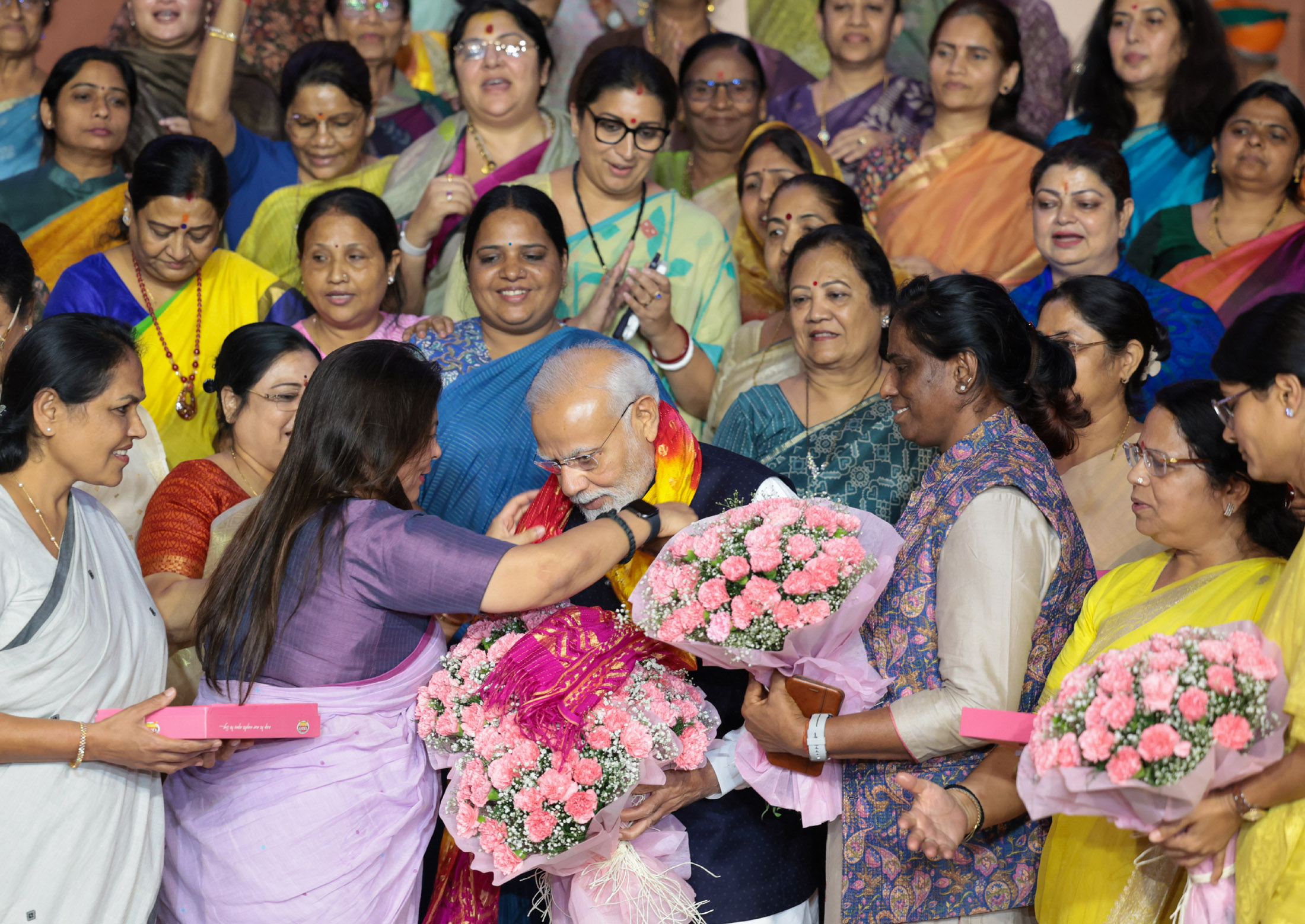 Women MPs felicitating Prime Minister Narendra Modi at Parliament House complex in New Delhi after passage of Women Reservation Act on September 21, 2023