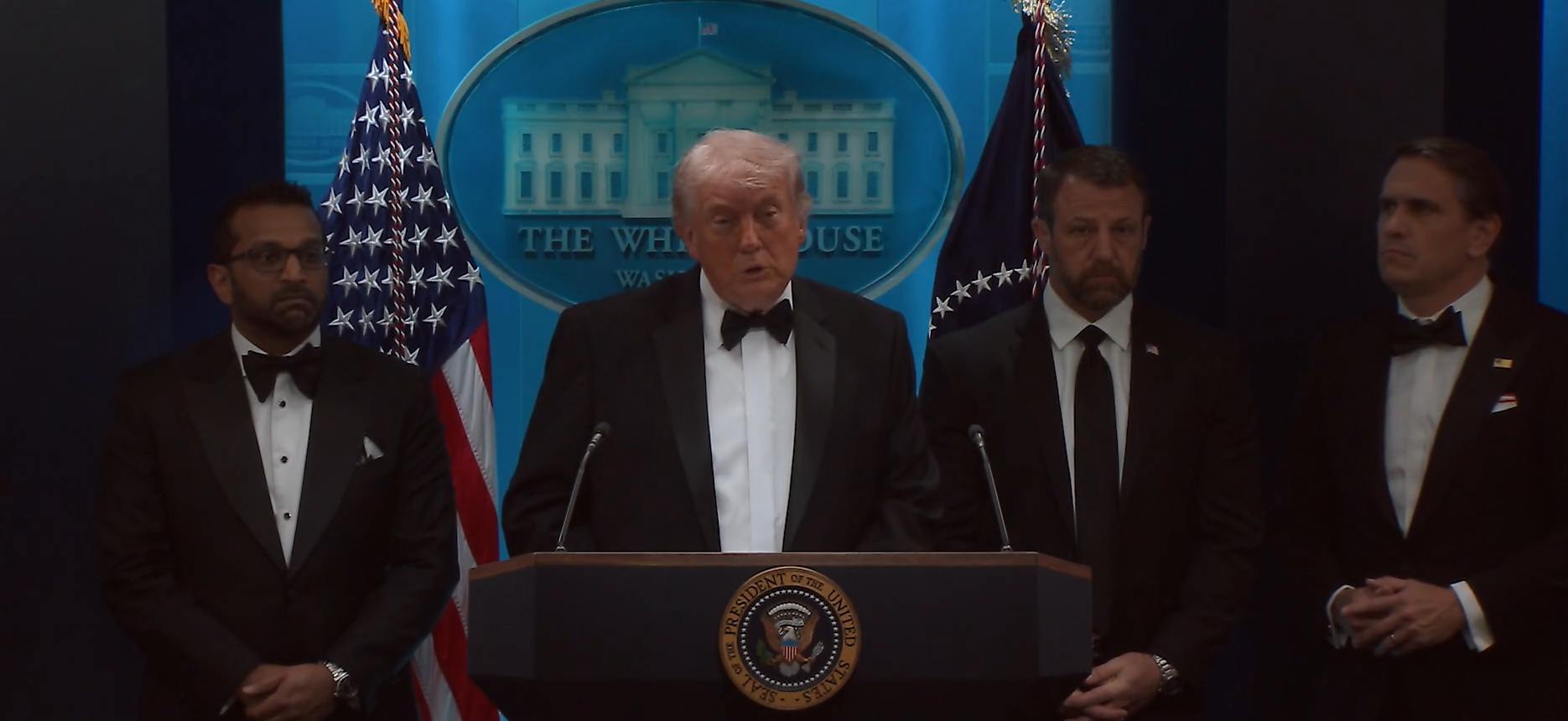 President Donald Trump delivers remarks from the James S. Brady Press Briefing Room after White House Correspondents' Dinner shooting incident.