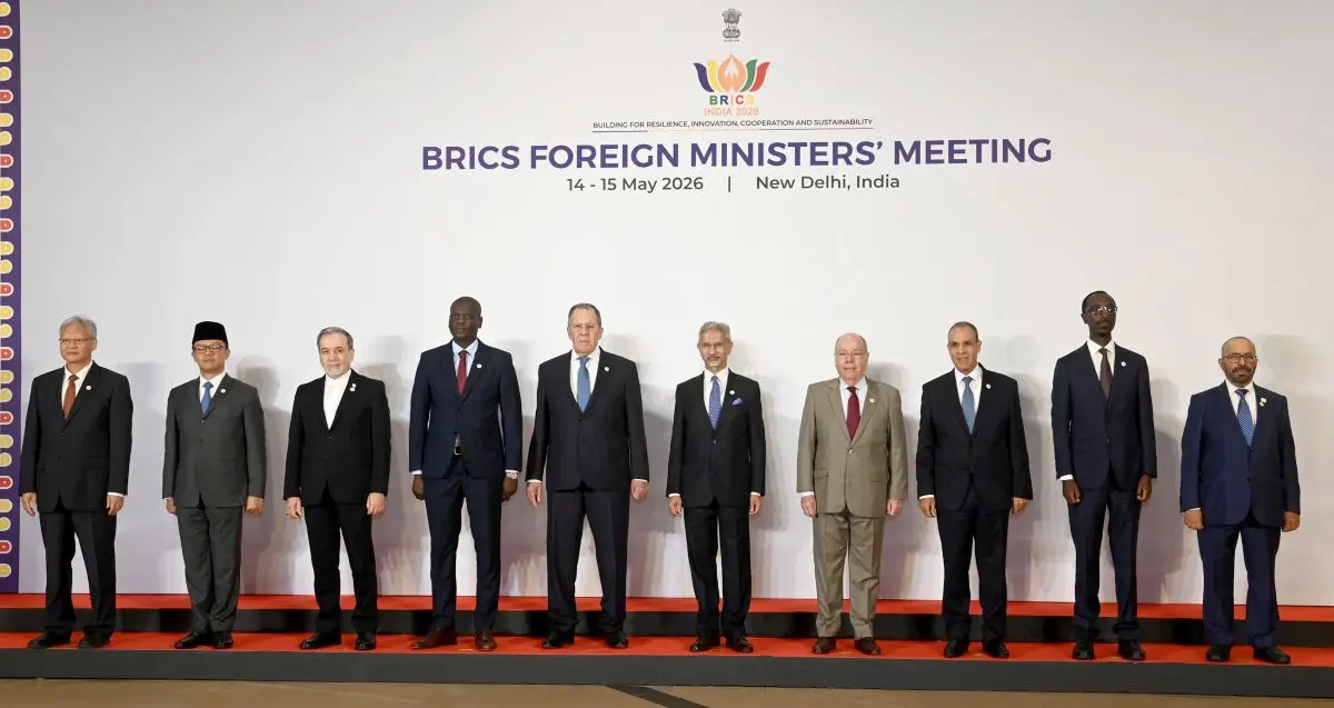 India's External Affairs, S. Jaishankar in a group photograph during BRICS Foreign Ministers’ meeting in New Delhi on May 14, 2026.