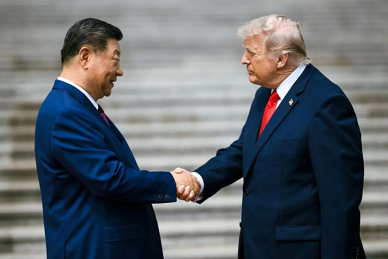Chinese premier Xi Jinping welcomes US President Donald Trump at the Great Hall of the People in Beijing, China, on May 14, 2026.