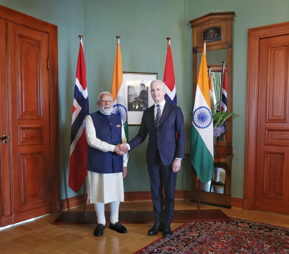Prime Minister Narendra Modi meeting Prime Minister of Norway, Jonas Gahr Store in Oslo, Norway on May 18, 2026.