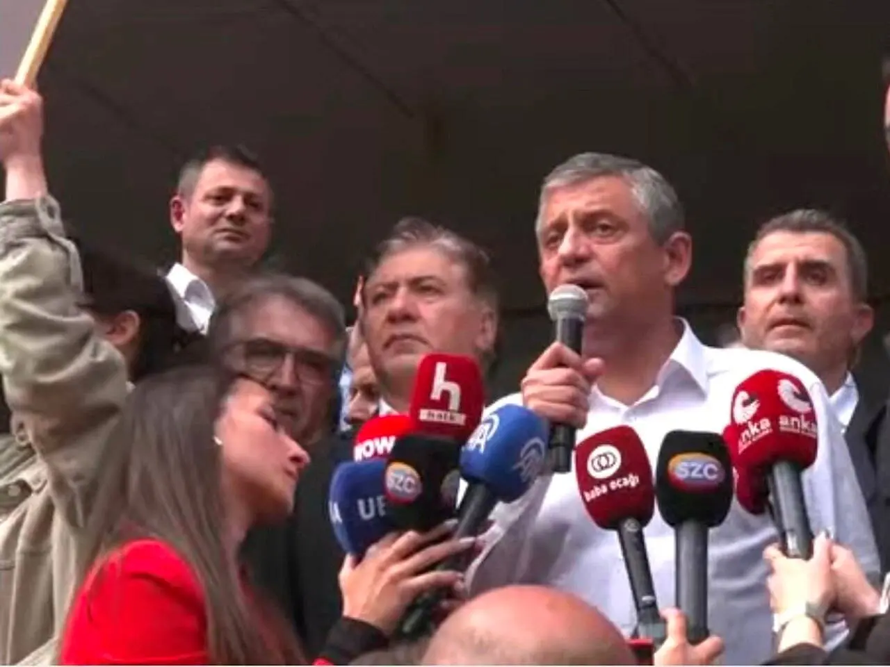 Turkiye Ozgur Ozel speaking during protests after court ousts him as CHP opposition leader in Ankara, May 2026