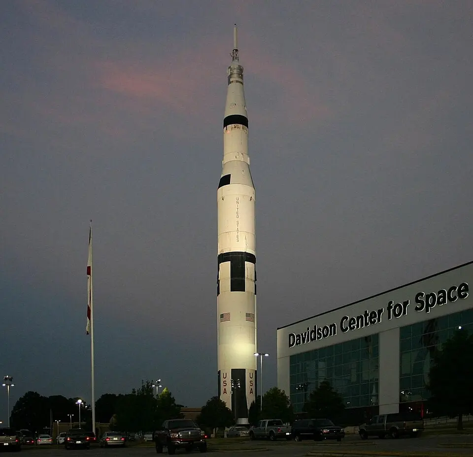 A towering Saturn V rocket on display inside the Davidson Center for Space Exploration in Huntsville, Alabama.