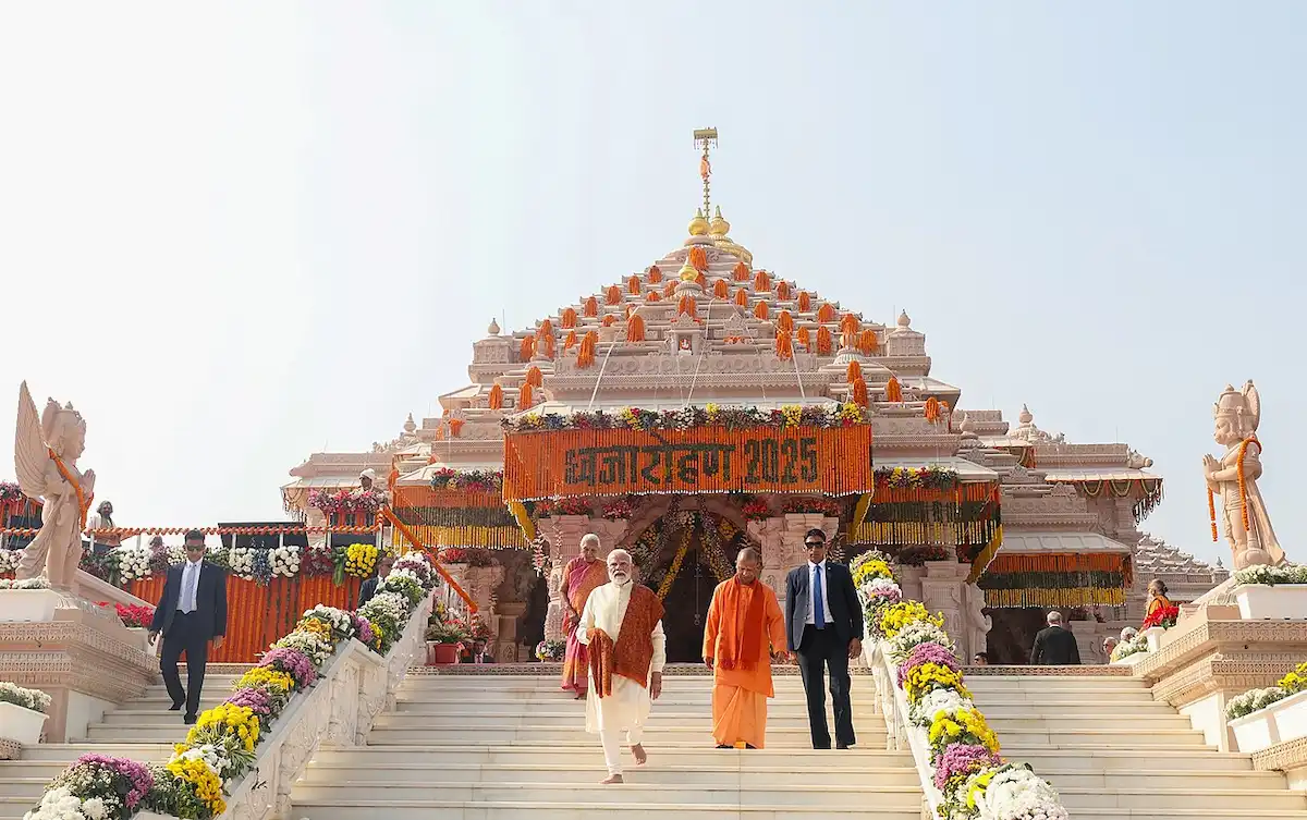 Prime Minister Narendra Modi at Shri Ram Janmbhoomi Temple Dhwajarohan Utsav in Ayodhya, Uttar Pradesh on November 25, 2025.
