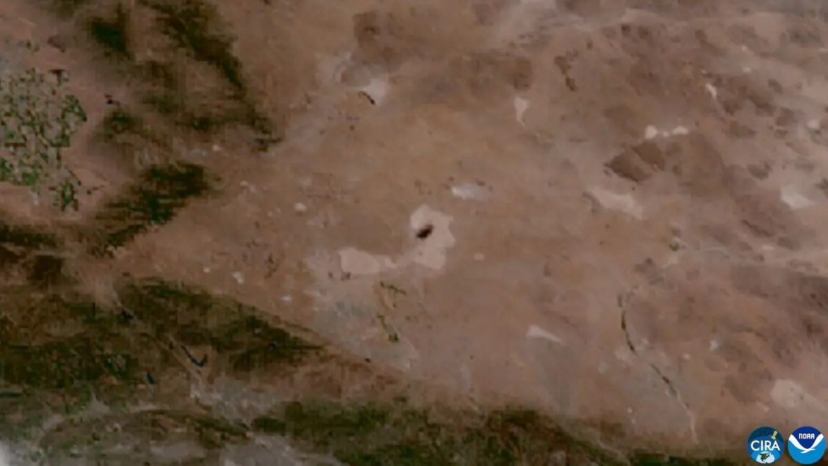 A plane crash involving a B-52 bomber at Edwards Air Force Base released a black smoke cloud that could be seen from the GOES-18 weather satellite.