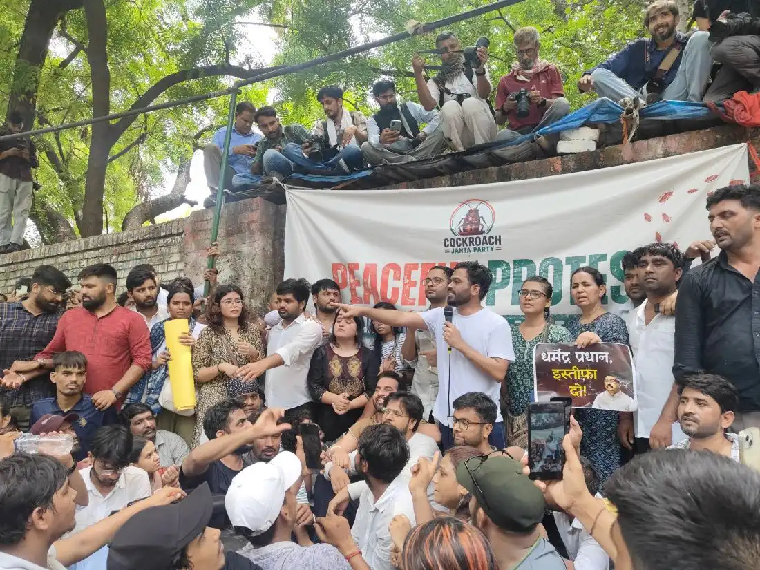 Hundreds of people, including students, parents and activists, gathered at Delhi's Jantar Mantar under the banner of the Cockroach Janta Party (CJP), demanding Education Minister Dharmendra Pradhan's resignation over NEET-UG paper leak and irregularities in CBSE board exams.