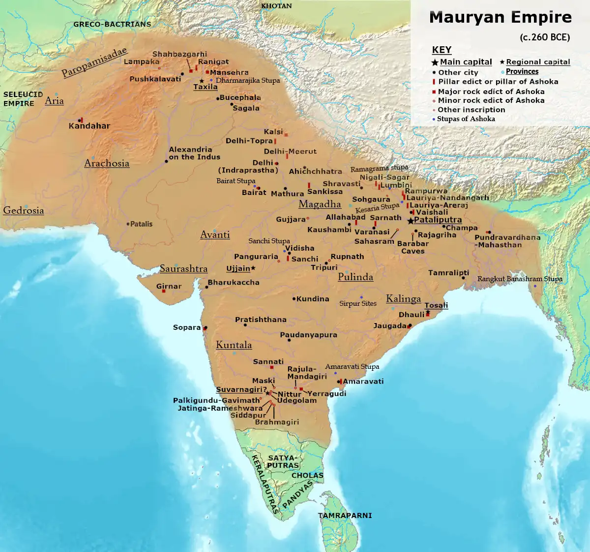 Map of the Maurya Empire under Emperor Ashoka (c. 260 BCE), showing the vast ancient Indian empire that extended into parts of present-day Nepal.