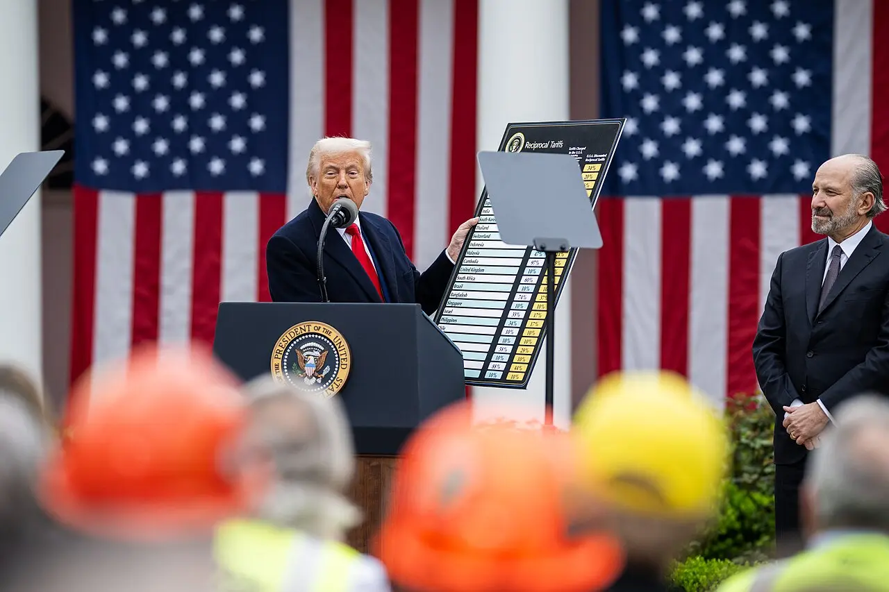 US President Donald J Trump showing a chart with reciprocal tariffs at an event in the White House on April 2, 2025