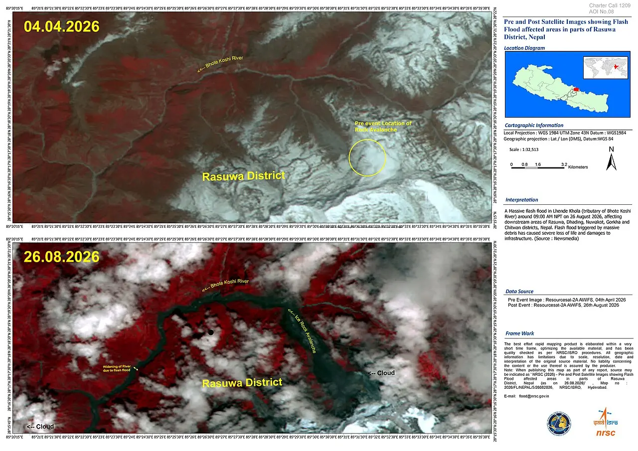 Pre and Post Satellite Images of the 2026 Nepal Floods from RESOURCESAT-2 by NRSC/ISRO
